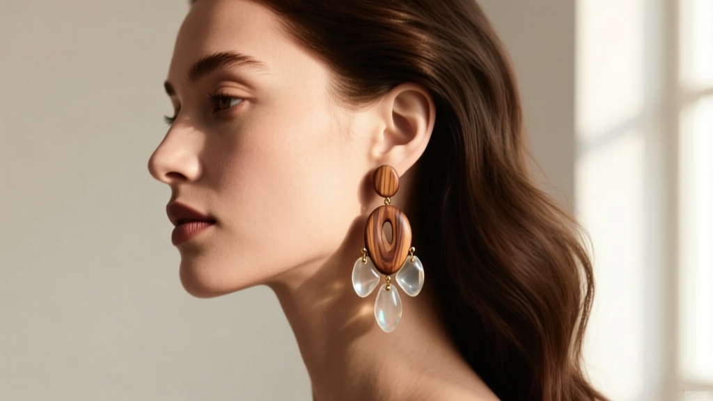 Side profile of a woman wearing wooden and resin clip on chandelier earrings, soft natural window light illuminating her jawline.