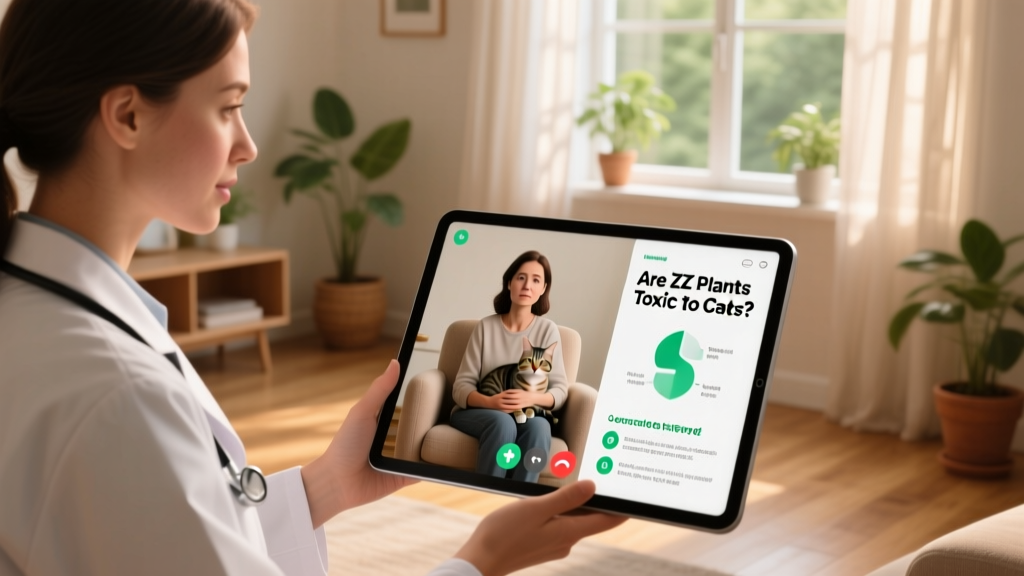A calm indoor setting with a vet telehealth tablet showing a friendly veterinarian speaking to a concerned cat owner