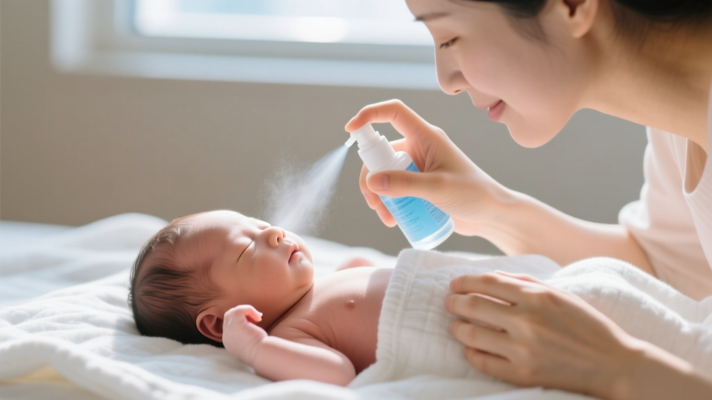 Mother spraying sterile saline onto a baby