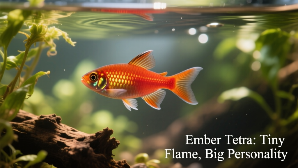Close-up of an Ember Tetra hovering near floating plants and driftwood in a softly lit aquarium