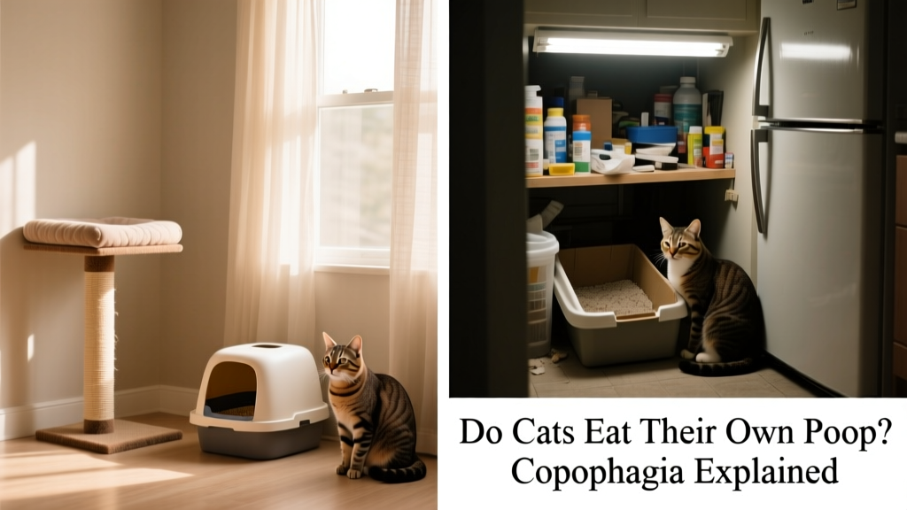 Side-by-side comparison: clean, spacious litter setup with scratching post and window perch versus cramped, uncovered litter box in corner next to noisy appliance