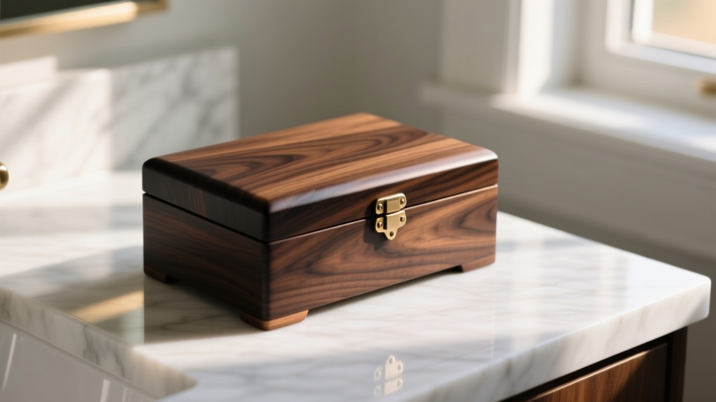 Close-up of a handcrafted solid black walnut jewelry box with natural oil finish, resting on a marble vanity in soft morning light.