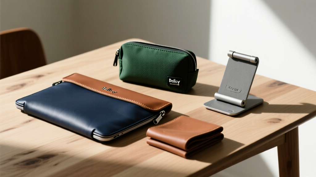 Flat lay travel photography displaying a Bellroy laptop sleeve, Peak Design tech pouch, and a folded Roost stand on wooden table.