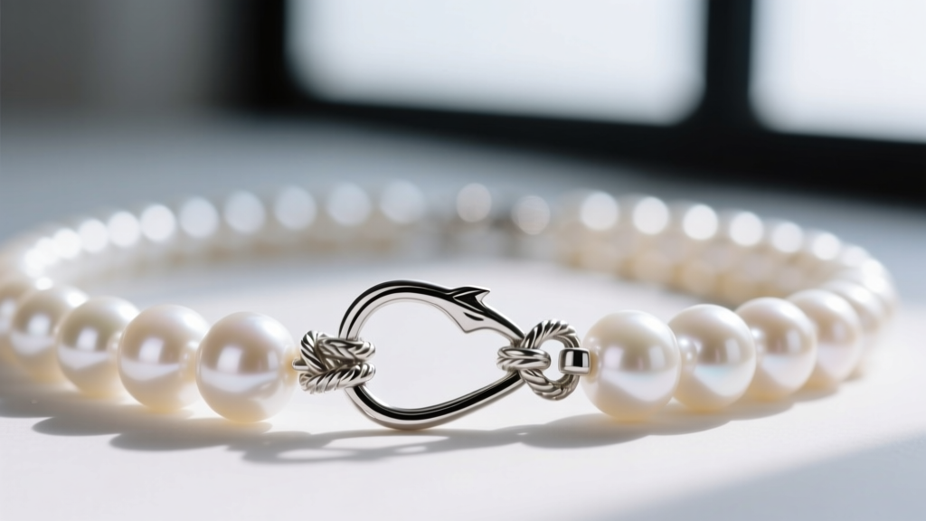 Macro shot of a sterling silver fishhook clasp on a knotted white Akoya pearl necklace, highlighting the safety catch mechanism.