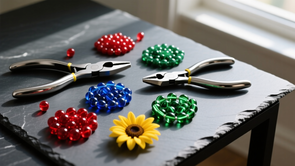 Overhead flat-lay of high-carbon steel beading pliers, flush cutters, and colorful glass seed beads on a dark slate desk.