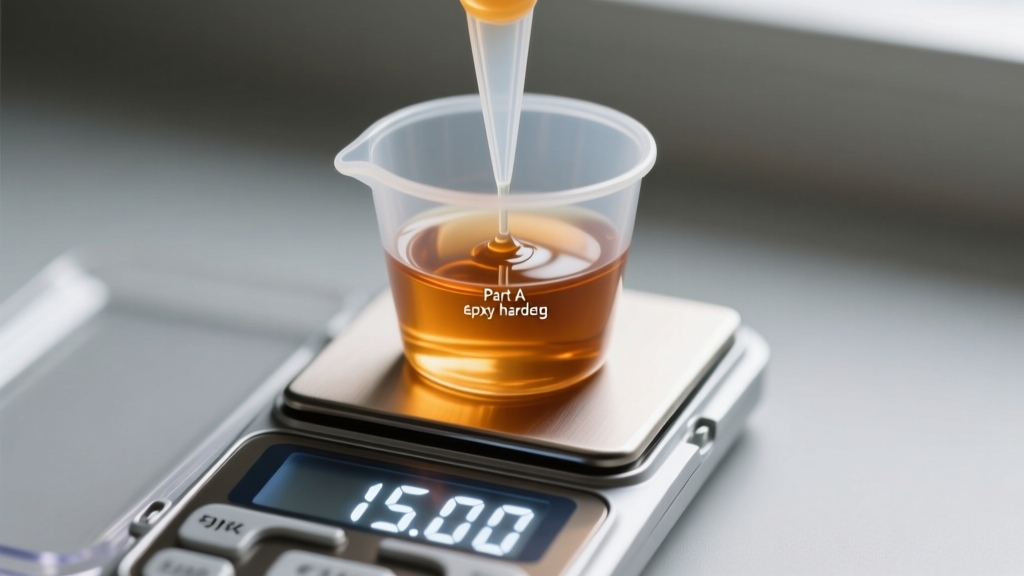 Close-up of a digital jewelry scale measuring 15 grams of Part A epoxy hardener in a small tapered silicone mixing cup.