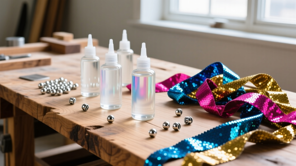 Wooden workbench displaying bottles of clear polyurethane sealant, silver crimp beads, and tangled metallic Mardi Gras throws.