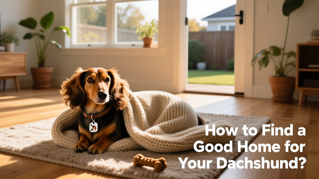 A happy, relaxed Dachshund curled up on a soft blanket in their new home, bathed in natural light