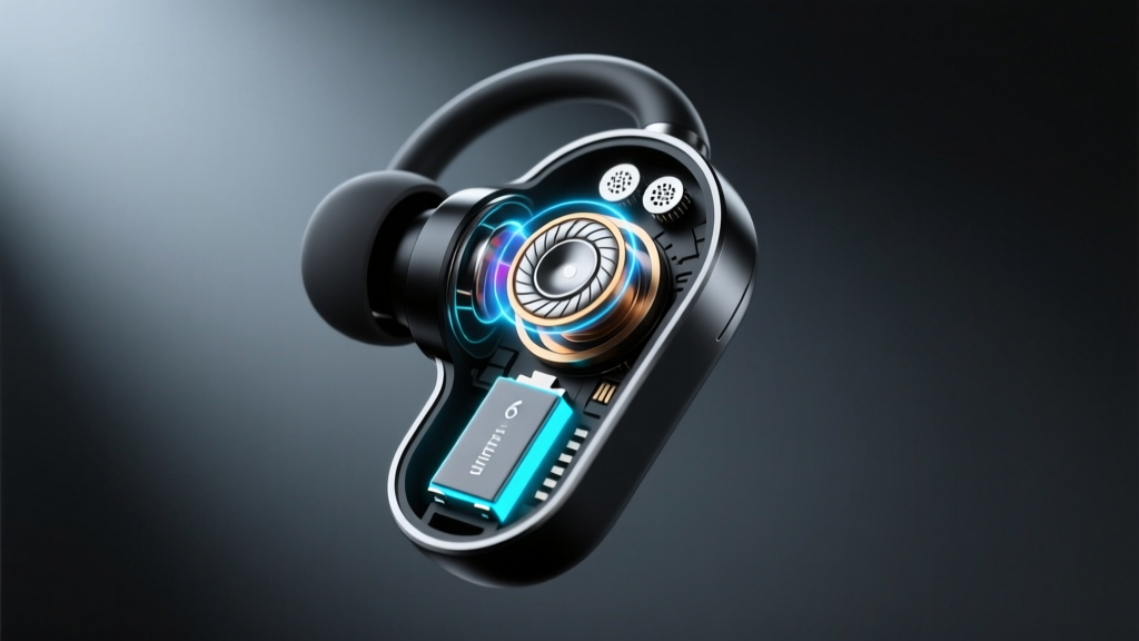 Cutaway 3D render of a micro-earbud showing 6mm neodymium driver, solid-state micro battery, and dual-mic ANC array against a dark background