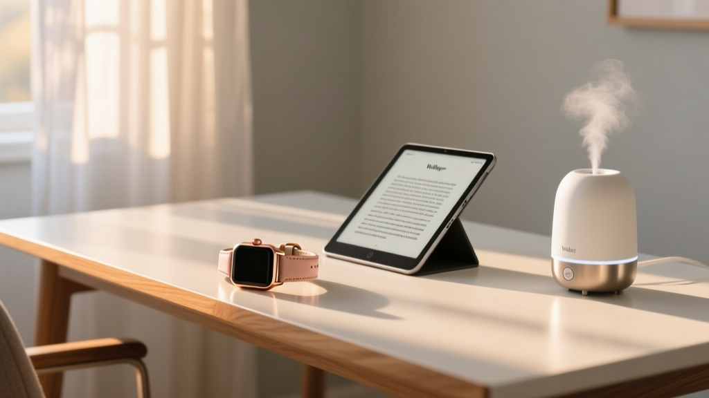 Modern minimalist home office desk featuring a rose gold smartwatch, an e-ink tablet, and a smart humidifier bathed in warm morning sunlight
