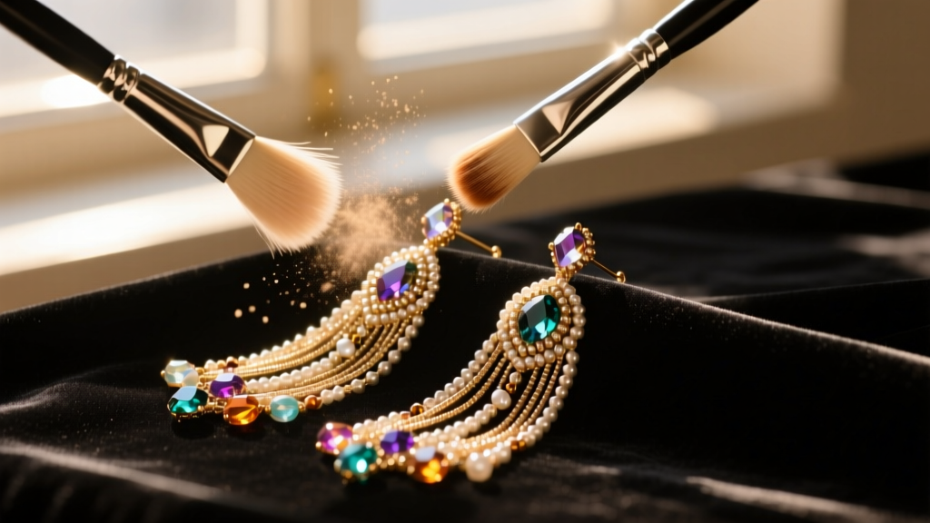 Soft-bristled brush gently dusting long beaded fringe earrings over dark velvet cloth in warm natural window lighting.