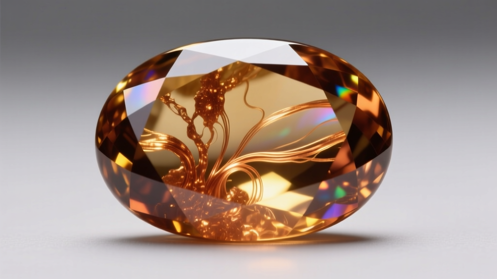 Macro shot of polished Oregon sunstone cabochon showing copper schiller inclusions, illuminated against a neutral gray background