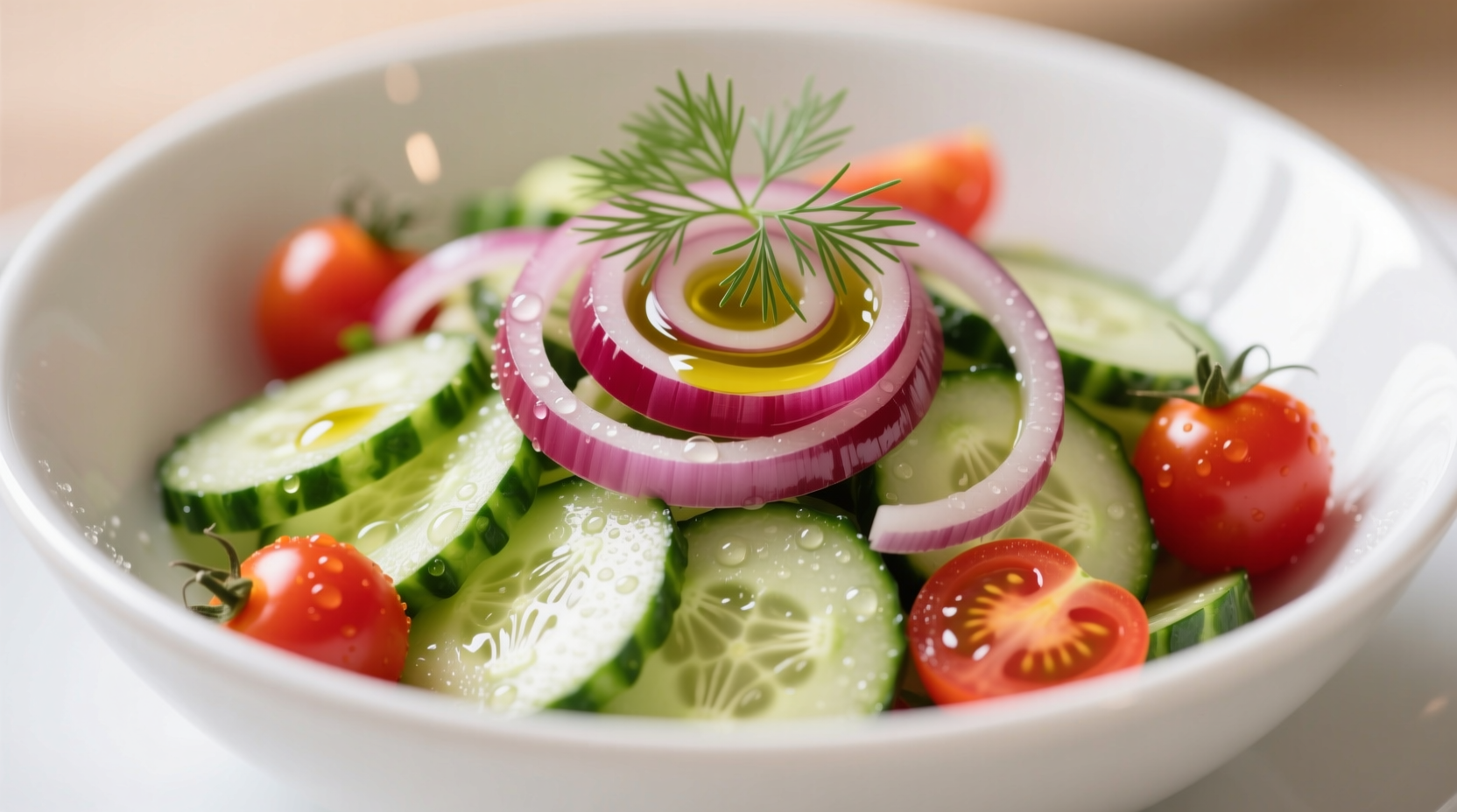Fresh cucumber red onion tomato salad in white bowl