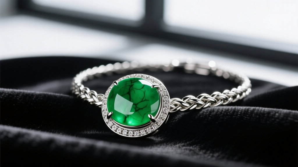Close-up of a polished Grade A imperial green jadeite cabochon set in a braided 925 sterling silver bezel necklace on dark velvet.