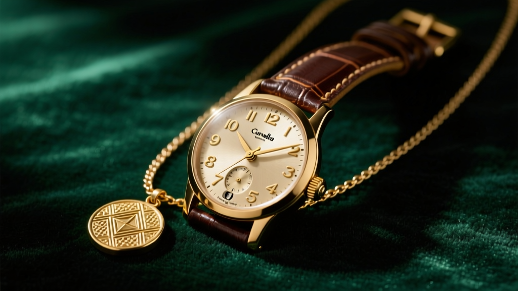 A 1970s vintage Caravelle necklace watch with a textured gold-filled pendant case resting on dark emerald velvet, studio lighting