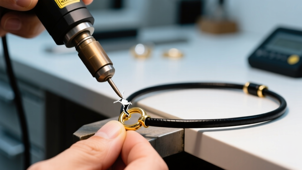 Jeweler using a specialized laser welder to repair a broken 14k gold clasp on a black leather cord necklace in a modern workshop.