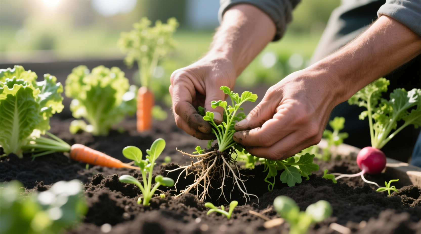 Late spring garden showing hand-weeding effectiveness before weeds set seed in vegetable plots