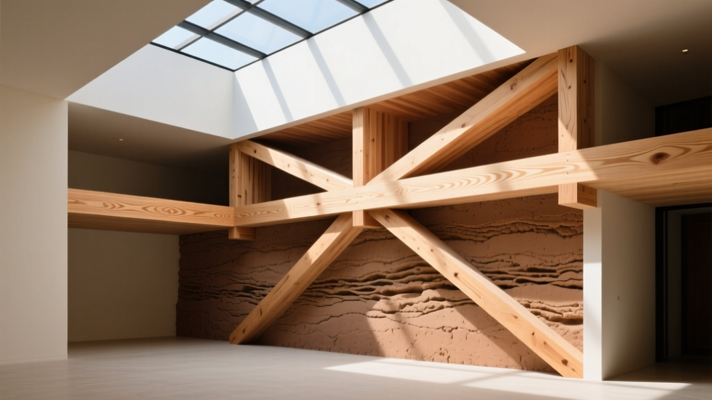 Architectural cross-section showing cross-laminated timber beams alongside a textured rammed earth wall in a modern sunlit atrium
