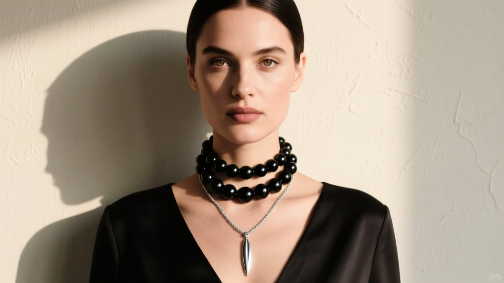 Woman wearing a layered hematite choker and longer silver pendant necklace, showing contrast between dark beads and bright metal.