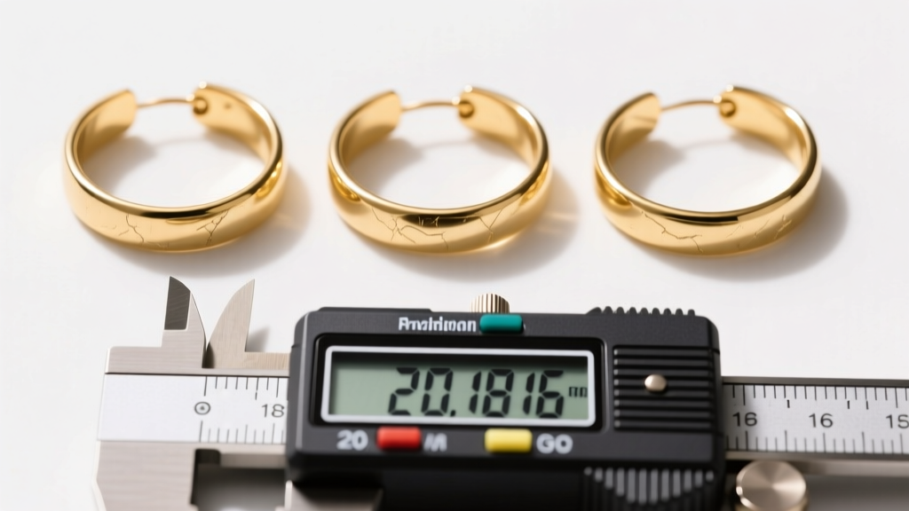Macro shot of three gold earring bands in 20, 18, and 16 gauge thicknesses aligned next to a digital caliper measuring tool.