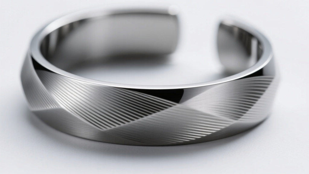 Macro photo of a brushed 316L stainless steel cuff bracelet showing the tight grain and cool grey tone of the raw base metal