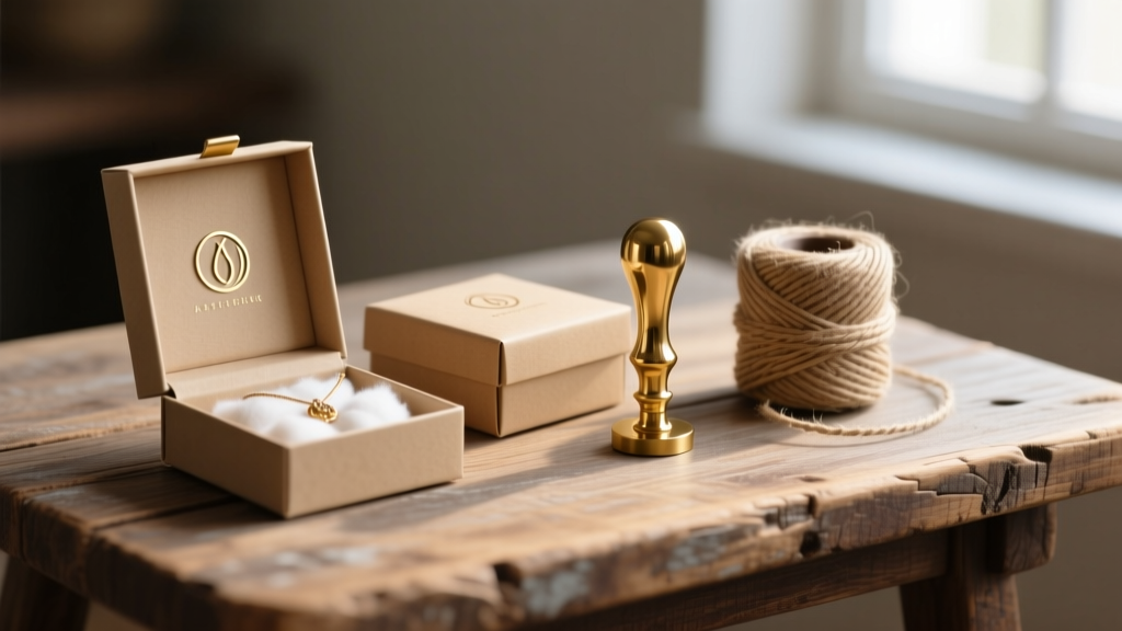Kraft jewelry boxes with cotton inserts beside a brass logo stamp and a spool of natural hemp twine on a rustic wooden table