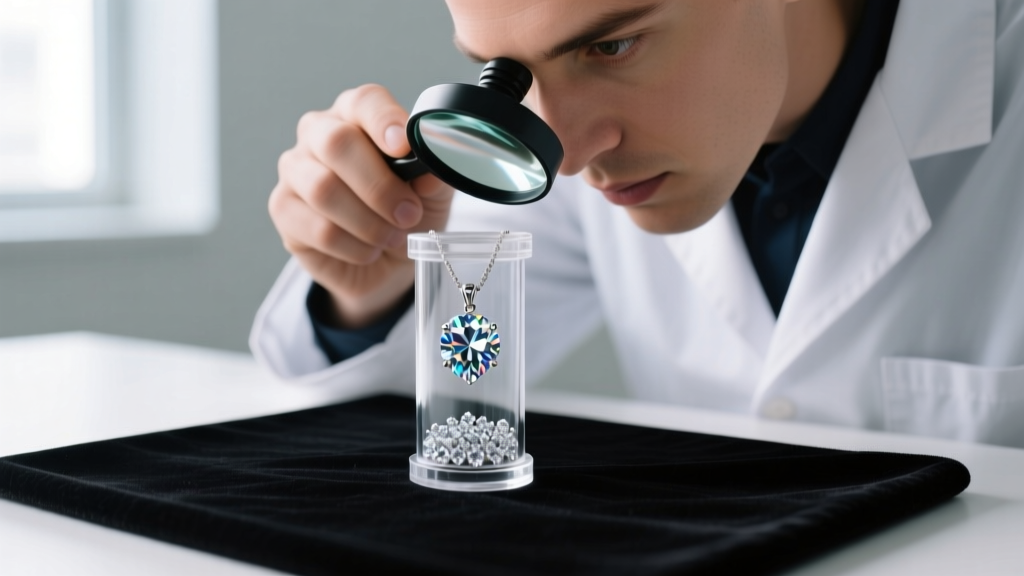 Jeweler using a loupe to inspect loose 1mm melee diamonds inside an acrylic shaker pendant resting on a dark velvet grading mat.