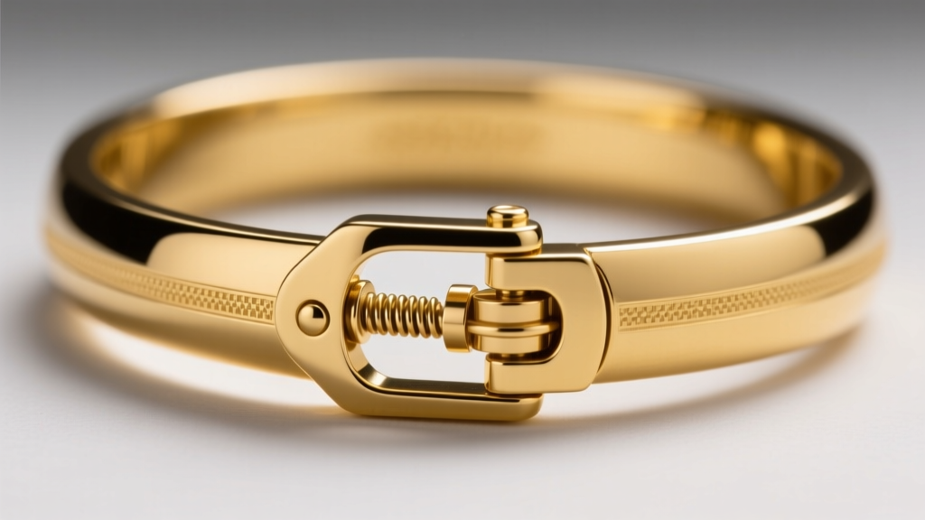 Macro shot of a hidden hinged bayonet clasp on an 18k yellow gold rigid hoop collar, showing precise mechanical joint detail