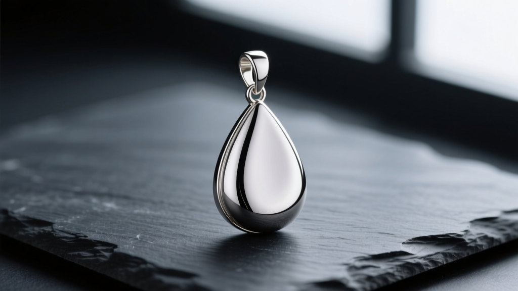 Polished fine silver teardrop pendant on dark slate, highlighting the smooth reflective curve and a delicate soldered bail loop.