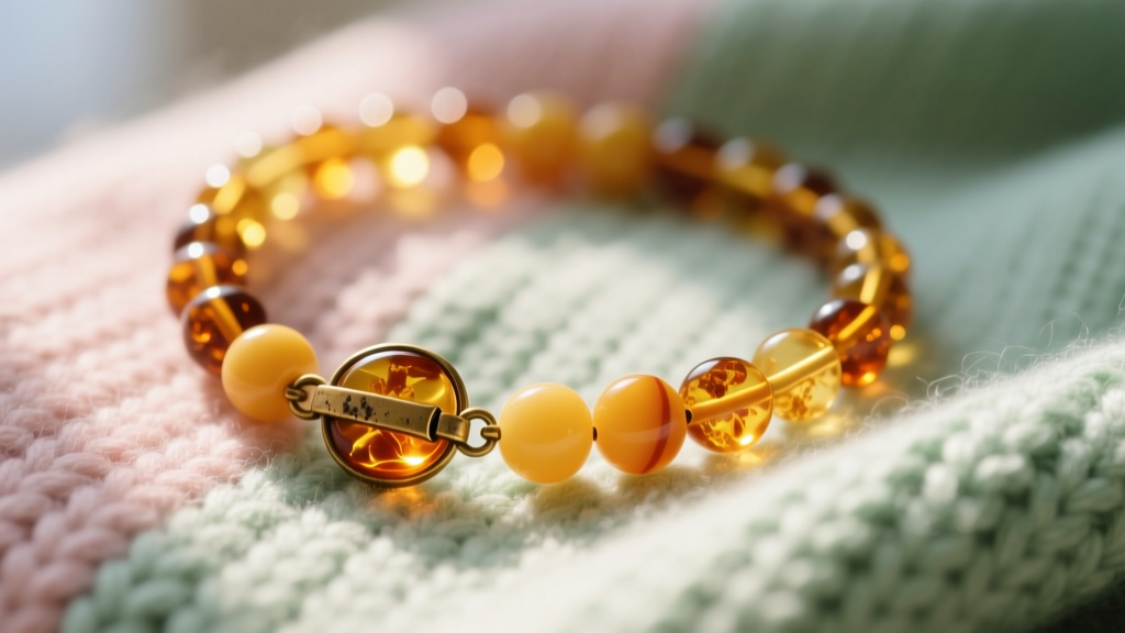 Close-up of genuine Baltic amber baby necklace with safety breakaway clasp resting on a soft pastel knit blanket in natural sunlight