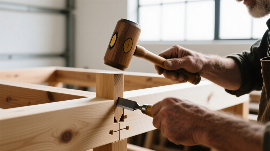 Close-up of a craftsman fitting a precision-cut blind mortise and tenon joint in white oak timber framing using a wooden mallet and chisel