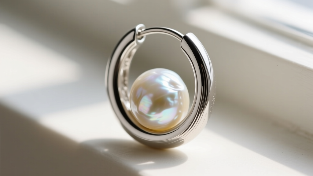 Macro shot of a silver huggie hoop holding a lustrous, irregular white Keshi pearl, with sharp focus on the brushed metal texture.