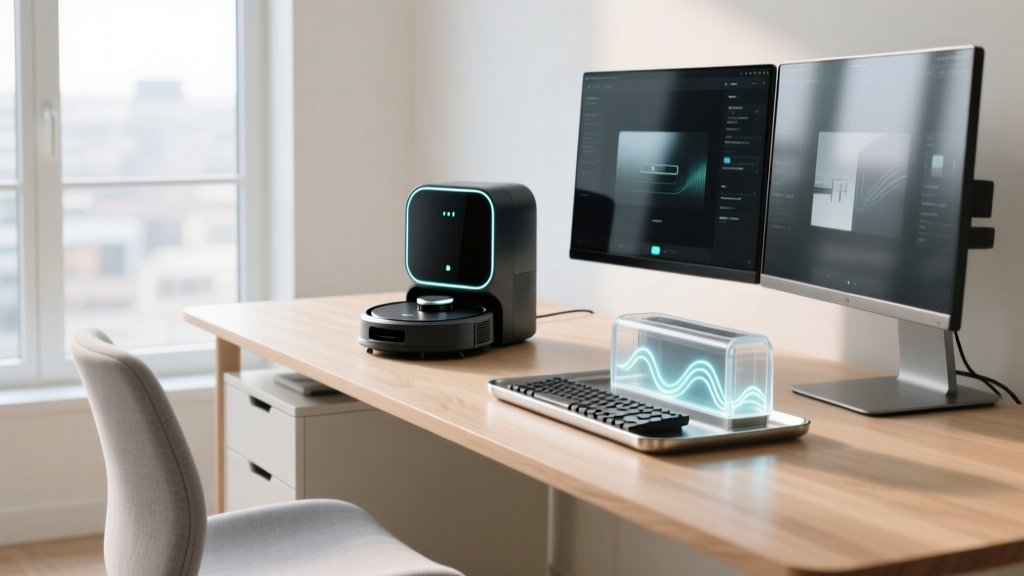 A sleek, modern home office desk featuring a compact robotic vacuum docking station and an ultrasonic keyboard cleaner beside a dual-monitor setup.