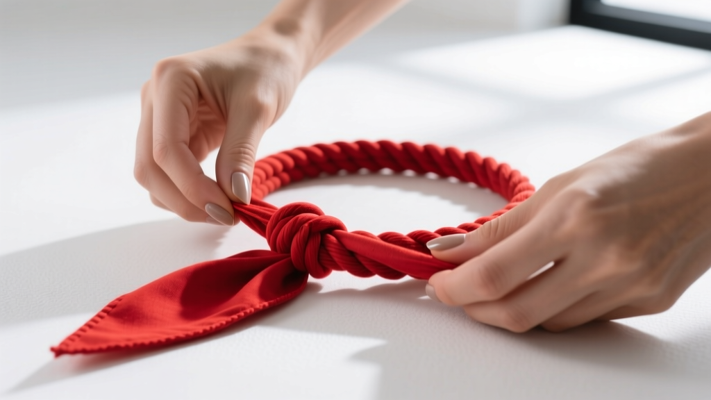 Hands tightly rolling a red cotton bandana diagonally into a rope shape, demonstrating the bias fold for a DIY choker necklace
