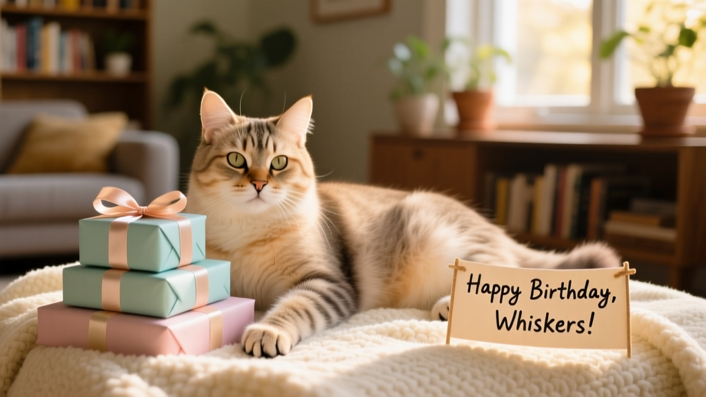 A relaxed cat lounging on a cozy blanket beside a few wrapped gifts and a small birthday banner