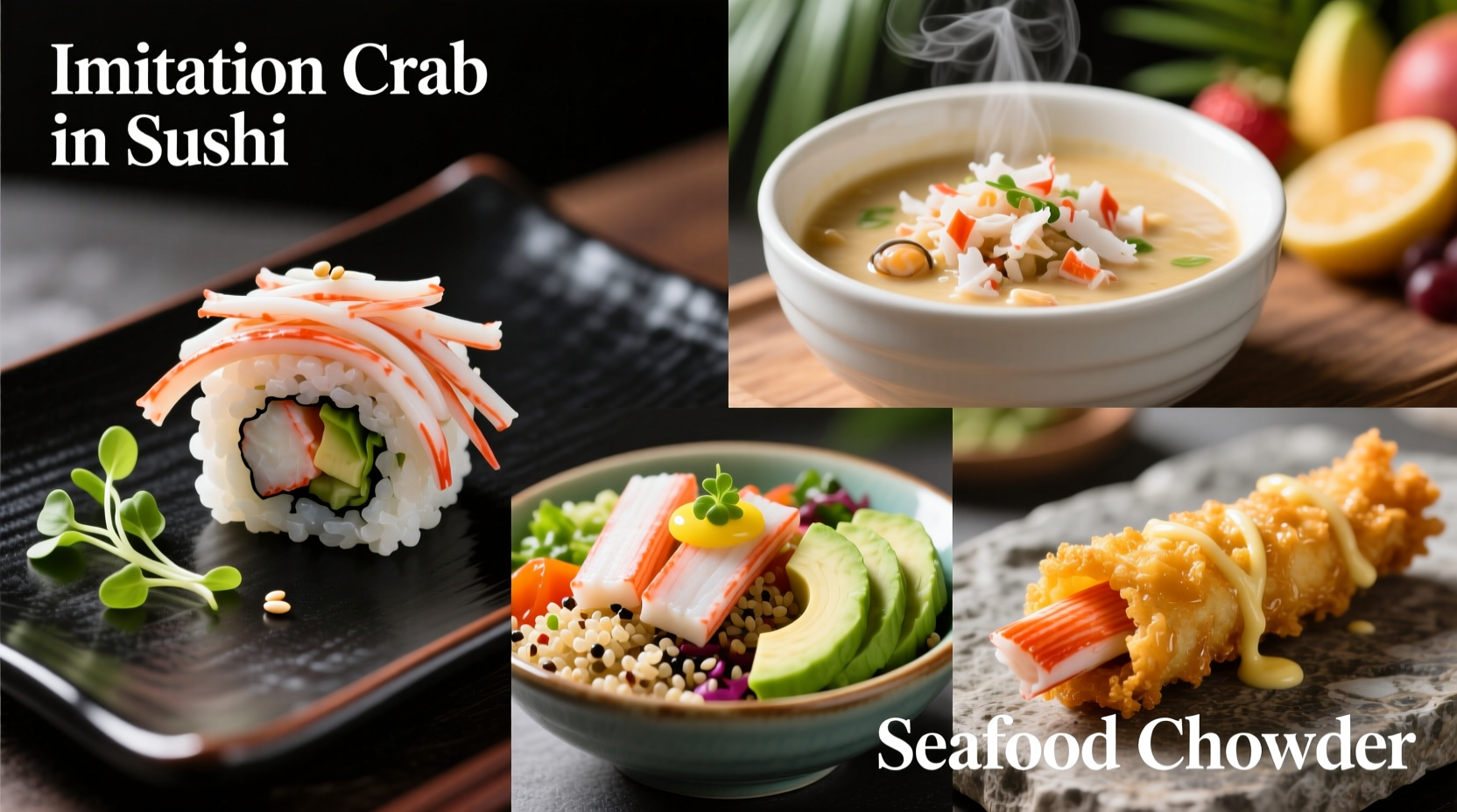 Imitation crab meat in various culinary applications