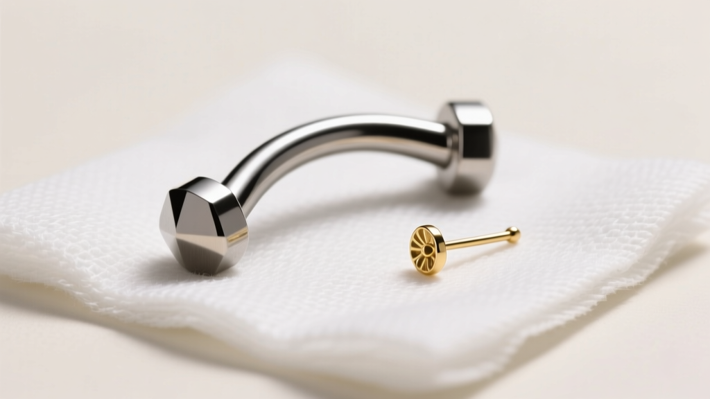 14-gauge titanium curved barbell on sterile gauze next to a flimsy 20-gauge gold earlobe stud under bright clinical lighting.