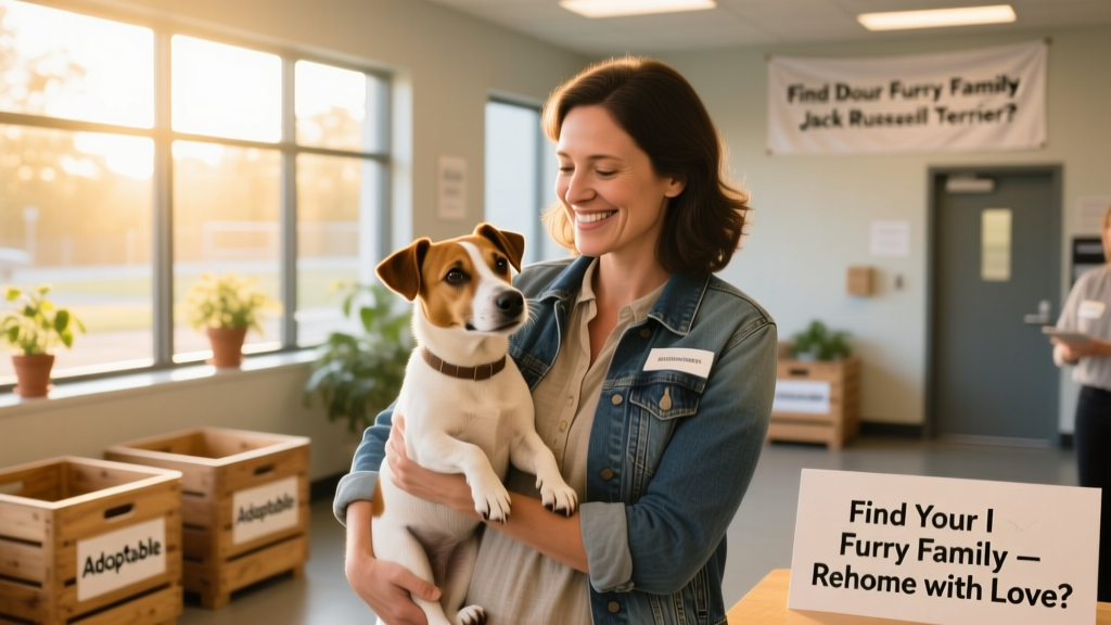 A volunteer gently holding a Jack Russell Terrier during a meet-and-greet event at a rescue facility