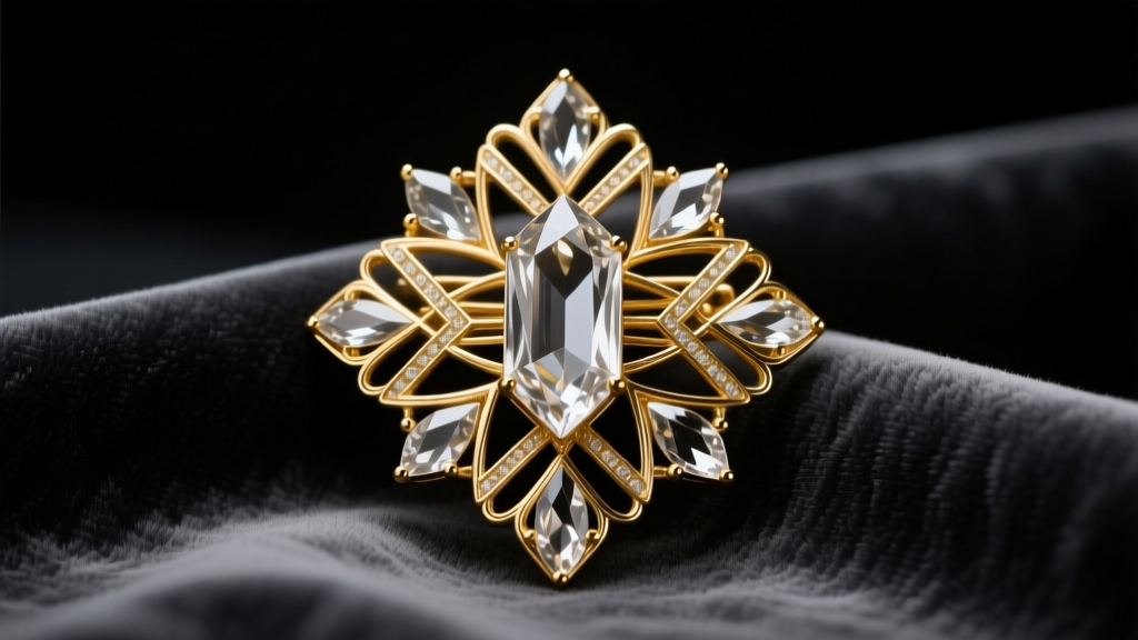 A 1940s 18k gold and carved rock crystal sculptural brooch resting on dark charcoal velvet fabric under dramatic gallery lighting.