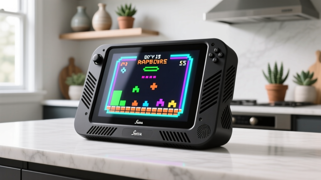 A custom-built Raspberry Pi 5 portable display setup with a 3D-printed enclosure, showing a retro gaming interface on a 10-inch screen.