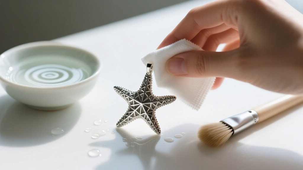 Hands gently wiping a silver starfish pendant with a microfiber cloth beside a small bowl of mild soapy water and a soft brush