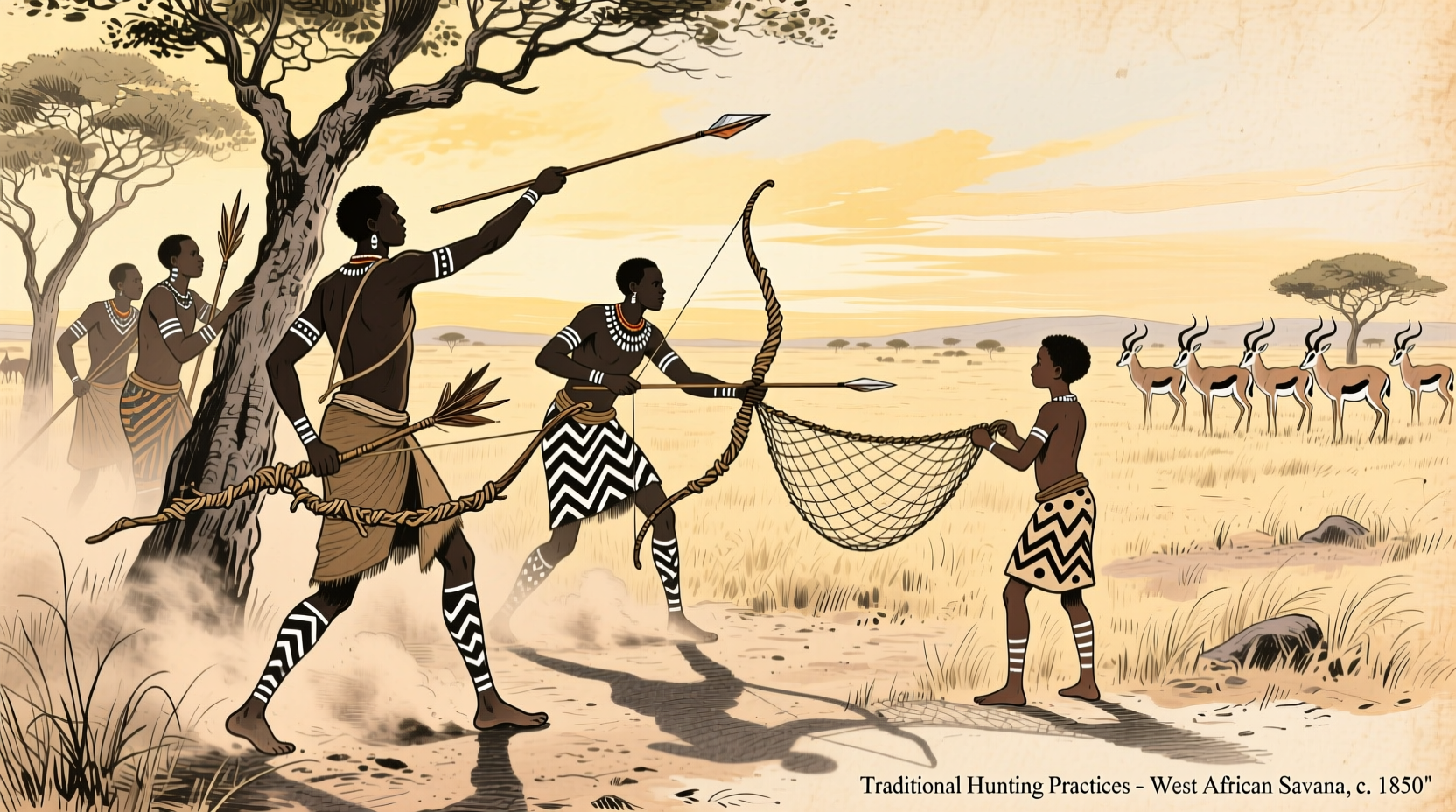 Historical illustration of traditional African hunting methods