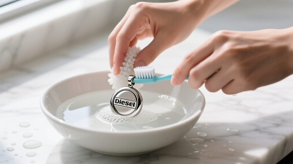 Hands gently scrubbing a stainless steel Diesel pendant with a soft-bristled baby toothbrush and mild soapy water in a bowl