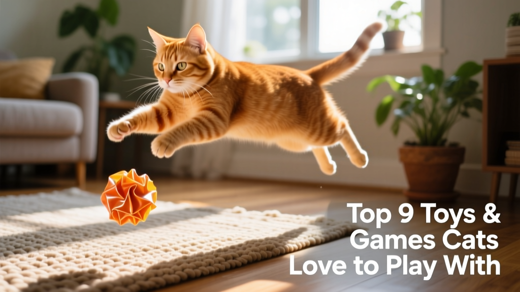 A ginger cat pouncing on a crinkle ball mid-air