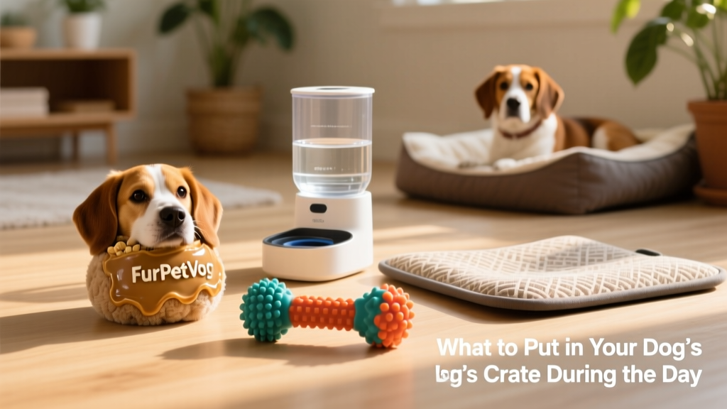 A variety of safe, crate-appropriate enrichment items laid out neatly: a FurPetVo Kong stuffed with peanut butter, a durable rubber chew toy, a spill-proof water dispenser, and a chew-resistant crate mat