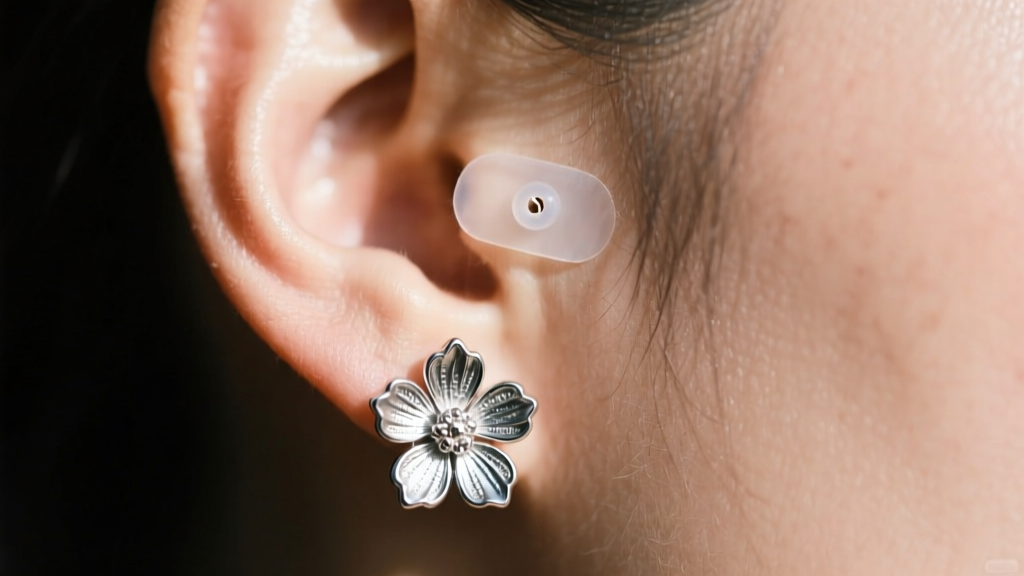 Close-up of an earlobe wearing a heavy silver floral earring, showing slight fistula stretching with a clear silicone patch
