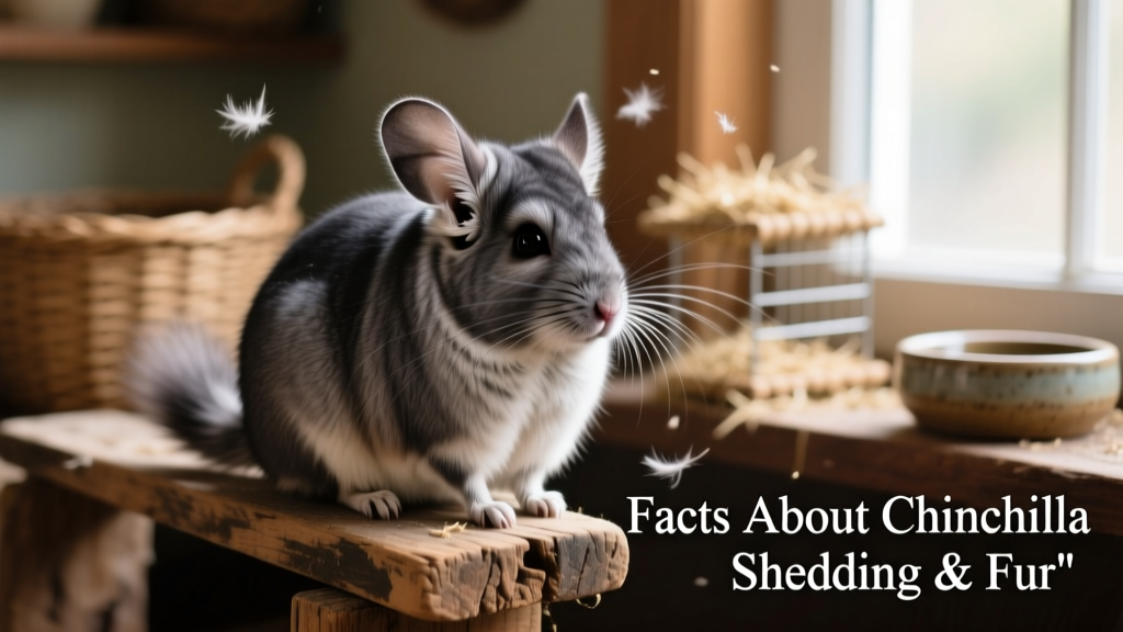 Chinchilla sitting calmly on a wooden perch, showing its thick, soft fur in natural light