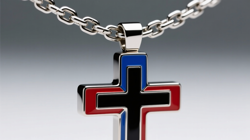 Thick 2.5mm stainless steel box chain threading through the large square bail of a heavy, blocky enamel gamer-style cross pendant.