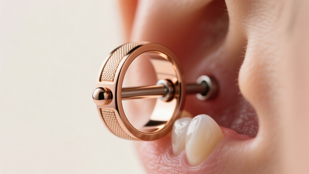 Close-up of a 16-gauge rose gold PVD titanium clicker ring in a cartilage piercing, highlighting the seamless hinge mechanism