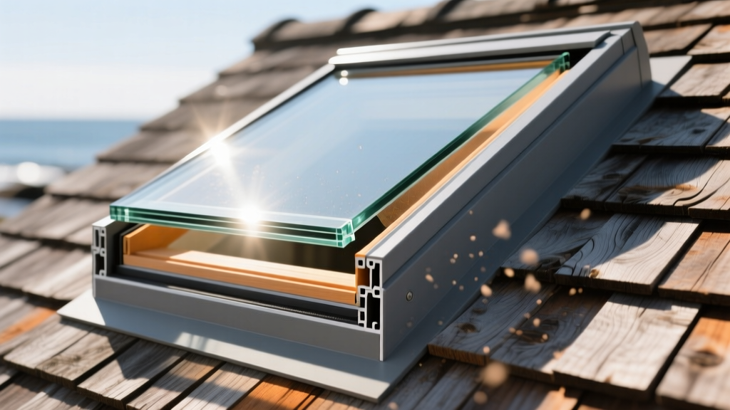 Cross-section of thermally broken fiberglass skylight frame with triple-pane low-E glazing installed on a steep coastal cedar shingle roof